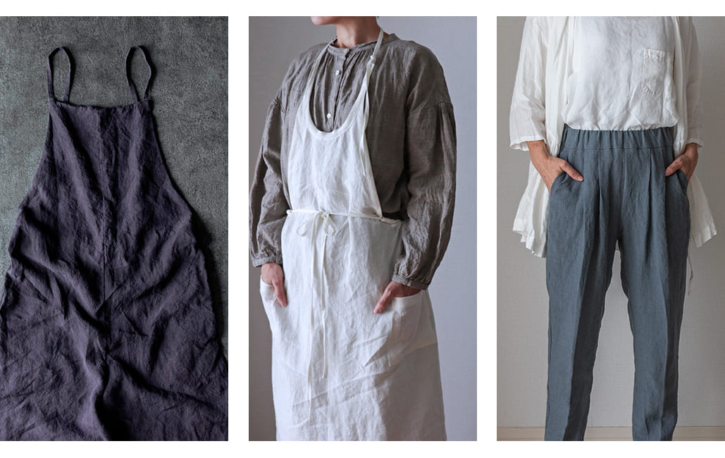 洗いこまれたベルギーリネン40番手におすすめの作品 エプロン サロペット パンツ