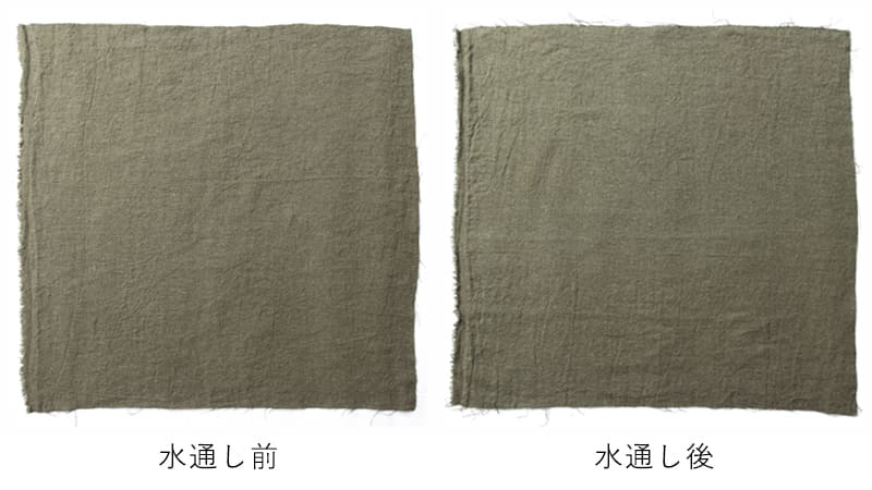 綾織りラミーリネンウール25番手 リネンウールの水通しによる縮みの比較